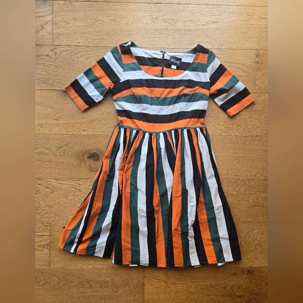 Unique Vintage/Collectif Amber Lea Pumpkin Stripe Dress Size M - Picture 9 of 16